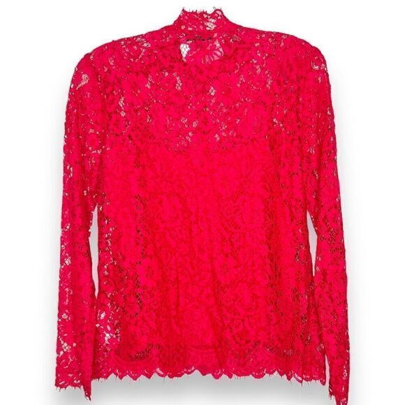 J. Crew Red Mockneck Floral Lace Long Sleeve Blouse Eyelash Hem Women’s Size 4 - Picture 7 of 12